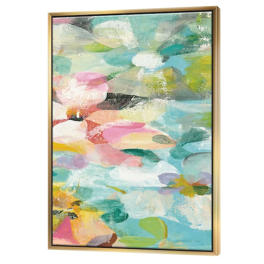 Designart - Handpainted Abstract Flowers in Blue and Pink - Cabin &#x26; Lodge Canvas in Gold Frame